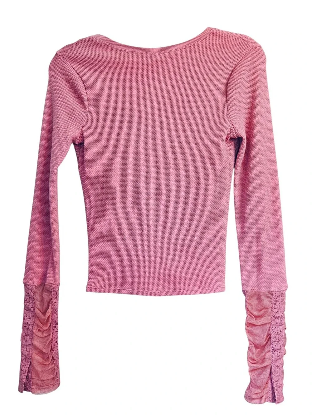 Free People Wear Me Out Ruched Long Sleeve Lace Thermal in Rose Smoke XS NWT